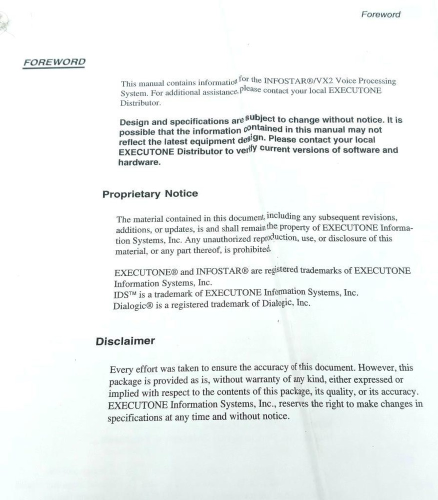 Executone InforStar VX2 Voice Processing System User Instruction Manual