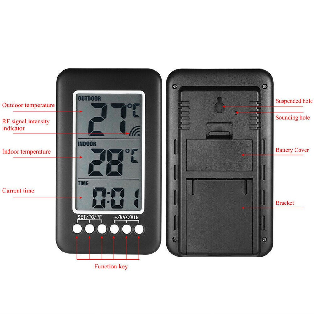 Wireless LCD Digital Thermometer Clock Indoor/Outdoor ℃/℉ Temperature Meter