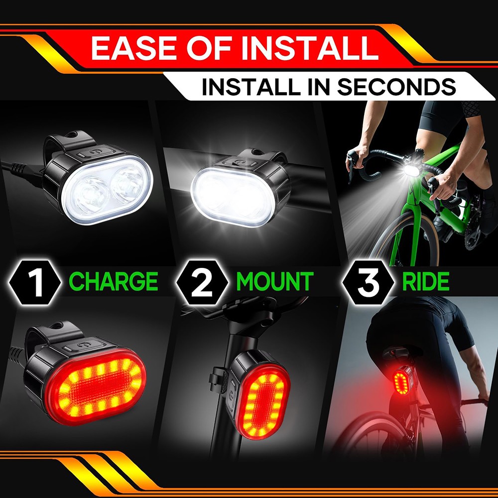 USB Rechargeable Bright LED Bicycle Bike Front Headlight and Rear Tail Light Set