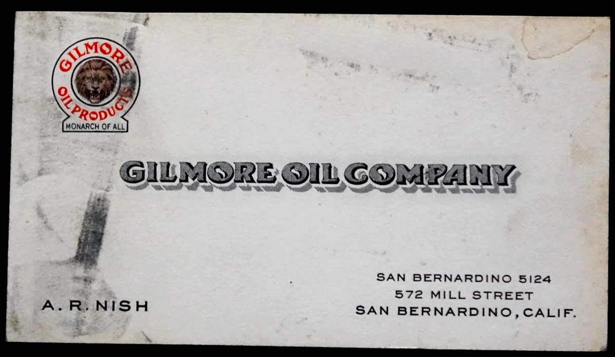 Vintage GILMORE OIL COMPANY  California BUSINESS CARD San Bernardino California
