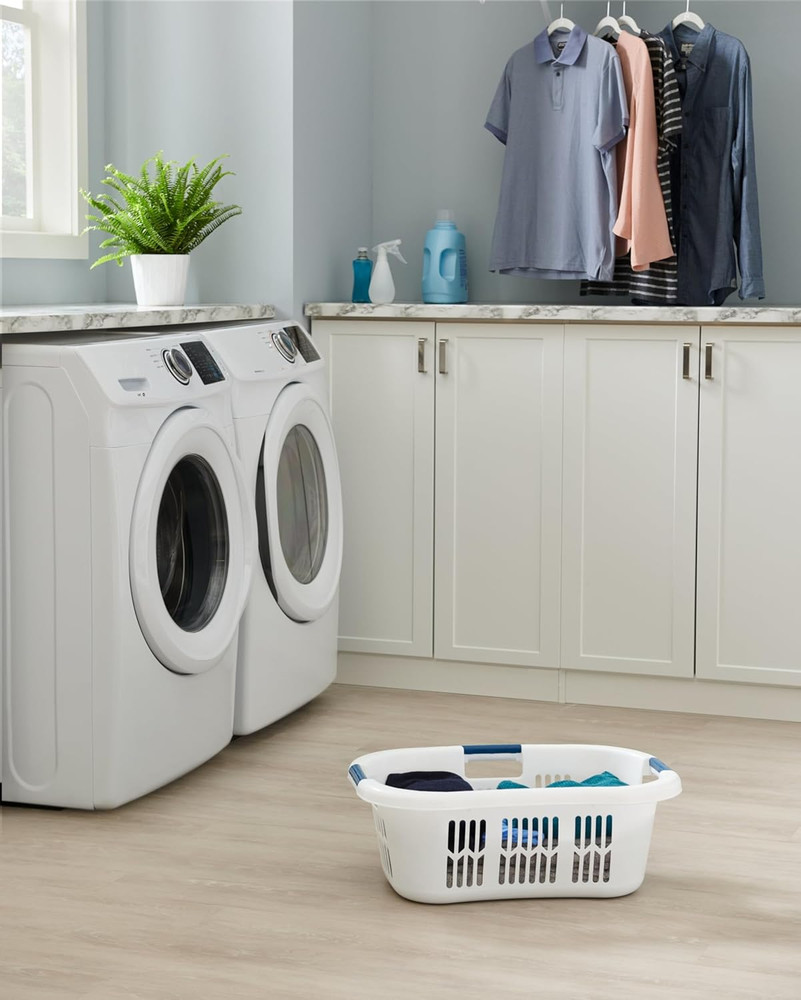 Rubbermaid Large Hip-Hugger Laundry Basket/Hamper, 1.5-Bushel, White, Stackable