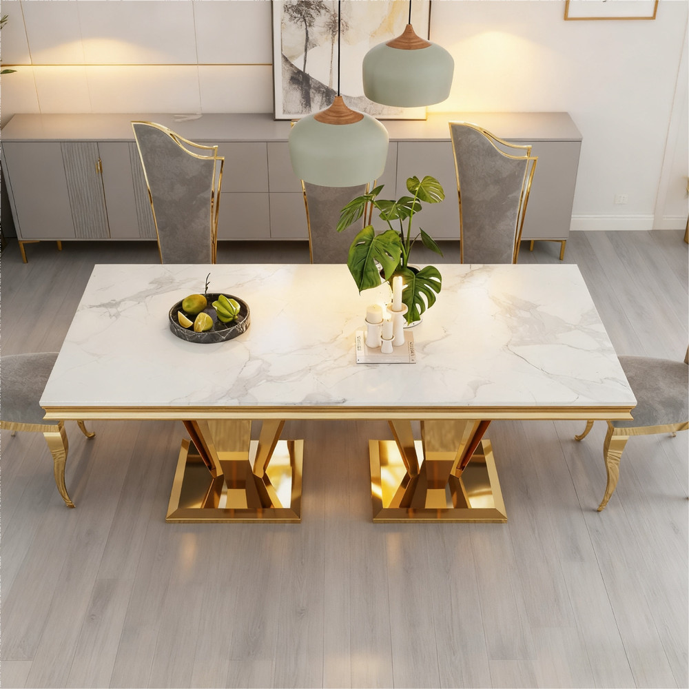 Marble Dining Table for 6 People, 67'' Rectangle White Faux Marble Dining Table