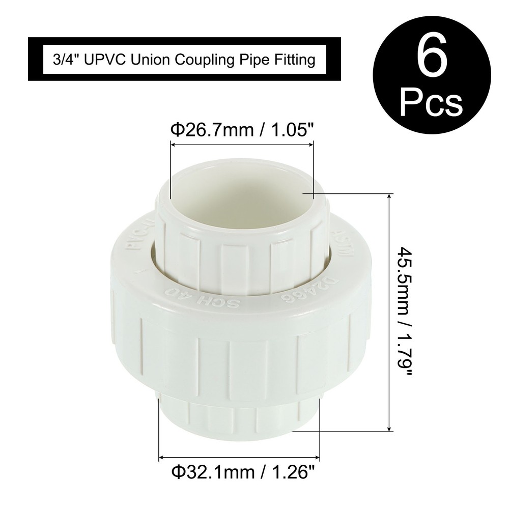 6Pcs 3/4" UPVC Union Coupling Pipe Fitting, UPVC Union Coupling Adapter, White