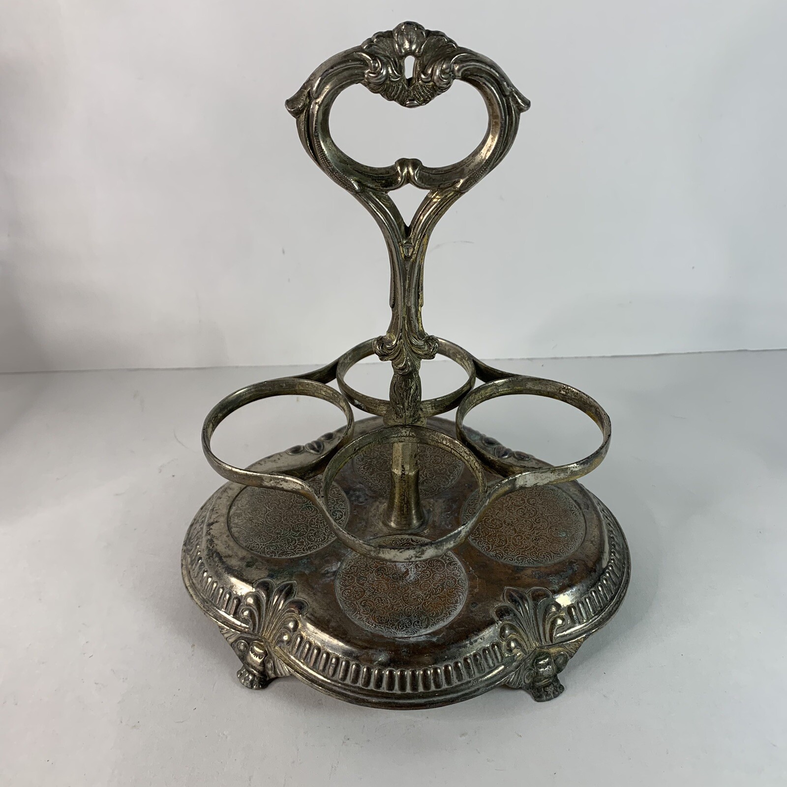 Antique Victorian Silver Plated Cruet Condiment Set Caddy Etched Glass Server
