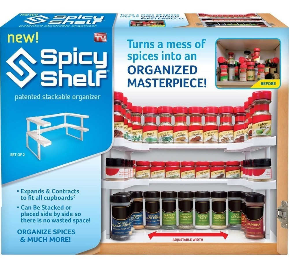 SPICY SHELF PATENTED SPICE RACK AND STACKABLE ORGANIZER , ADJUSTABLE - WHITE