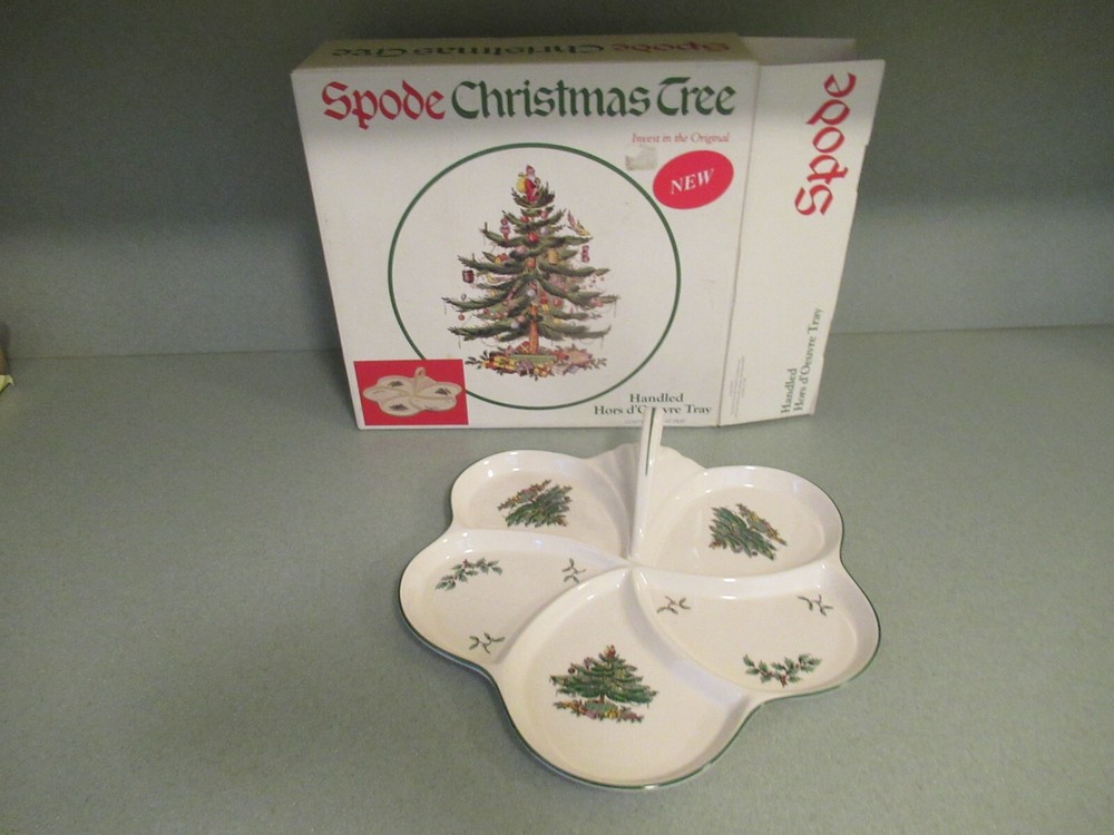 Spode Christmas tree designed handled ceramic 12” Hors d’Oeuvre tray