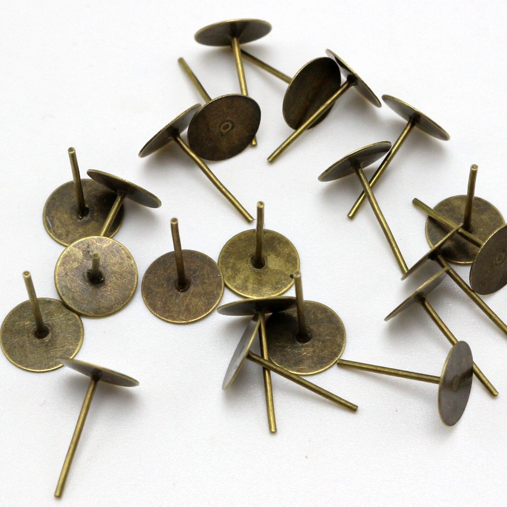 200 Pcs Bronze 8mm Flat Blank Pad Earring Ear Post Stud with Stopper Finding