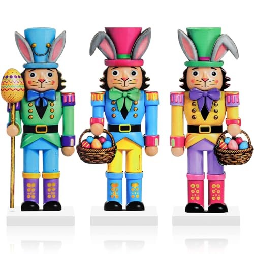 3 Pcs Easter Nutcracker Decorations 7 in Wooden Traditional Multicolor Bunny