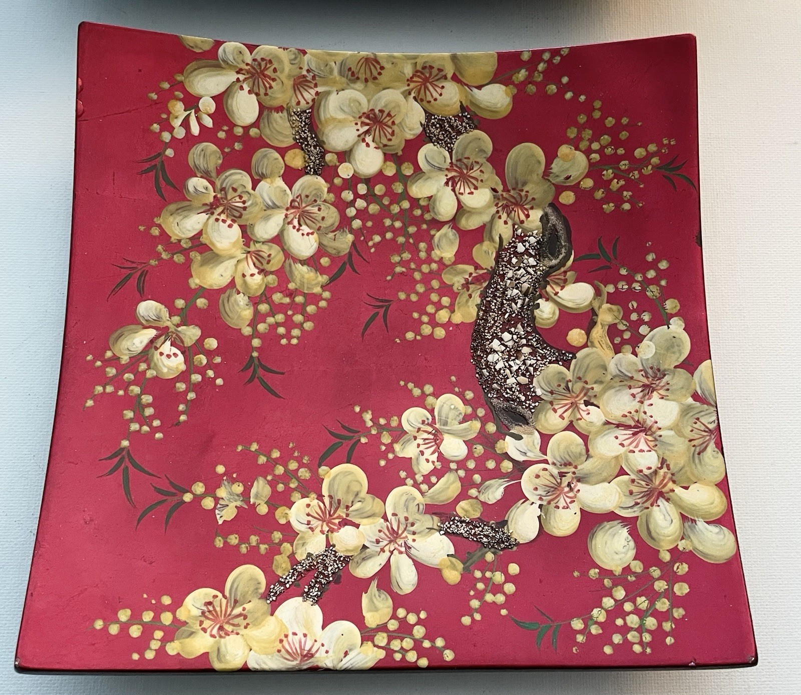 Japanese Lacquer Wall Plaques Cherry Blossoms Red Foil Set of 3