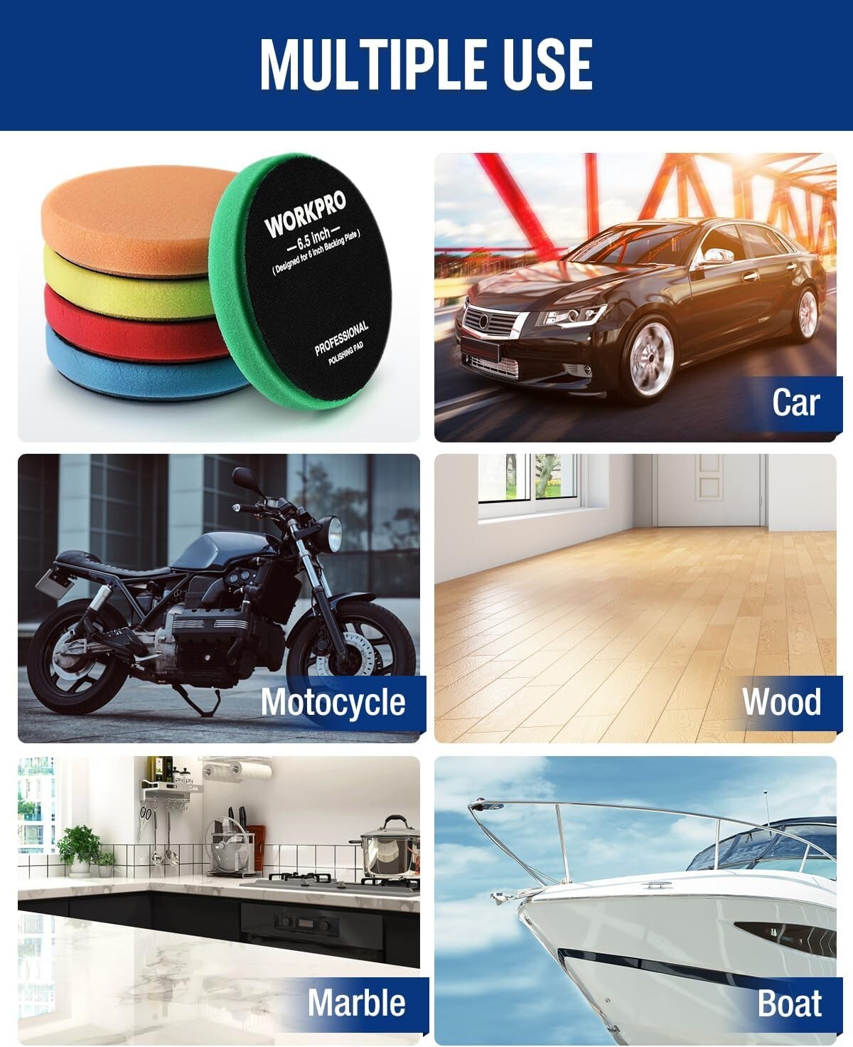 WORKPRO 5PCS 6.5-inch Polishing Pads Sponge Waxing Foam Buffing Kit Car Polisher