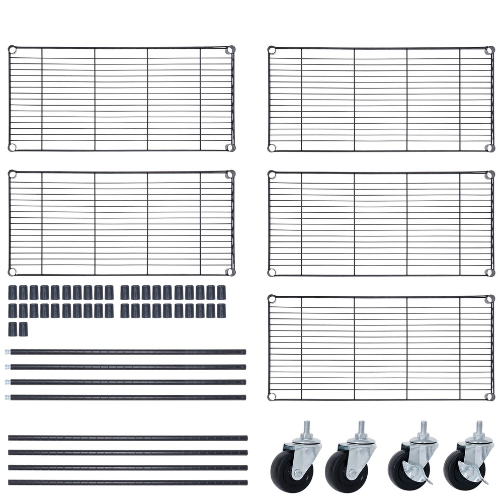 5 Layer Unit Wire Rack Storage Shelf Black Holder Kitchen Display with 4 Wheels