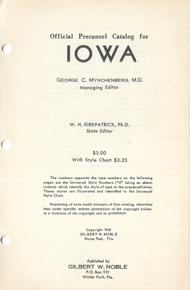State General Precancel Catalogs: IOWA; Noble, 1961