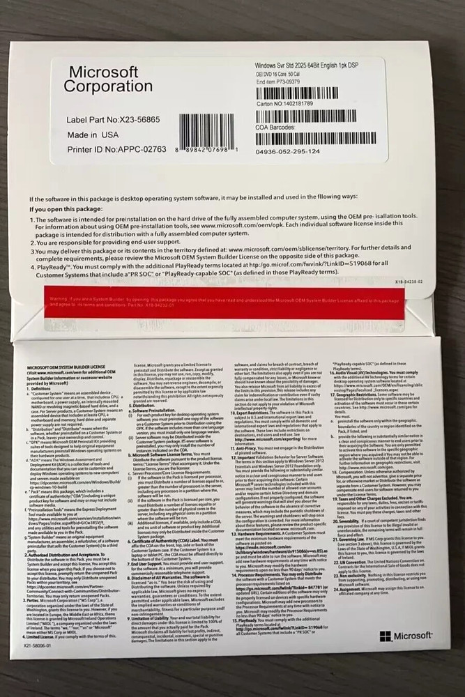 Microsoft Windows Server 2025 Standard 64Bit 16 Core-50 CALs DVD With Key Sealed