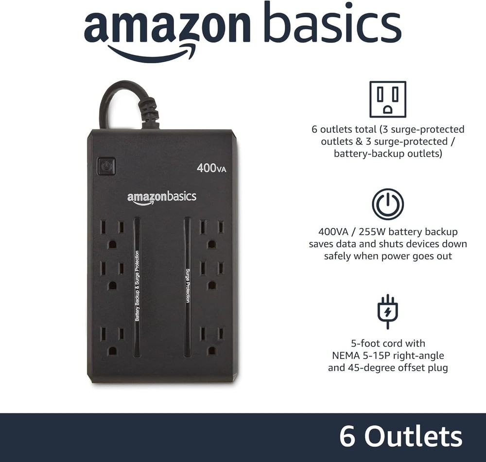 Amazon Basics UPS Battery Backup & Surge Protector, 400VA/255W, 6 Outlets