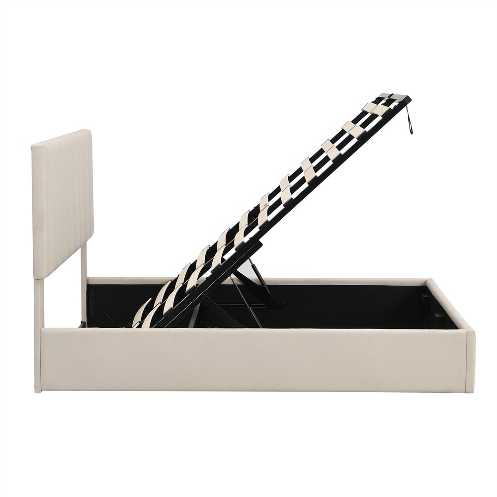 Full Size Upholstered Platform Bed Frame w/ Hydraulic Storage System Beige