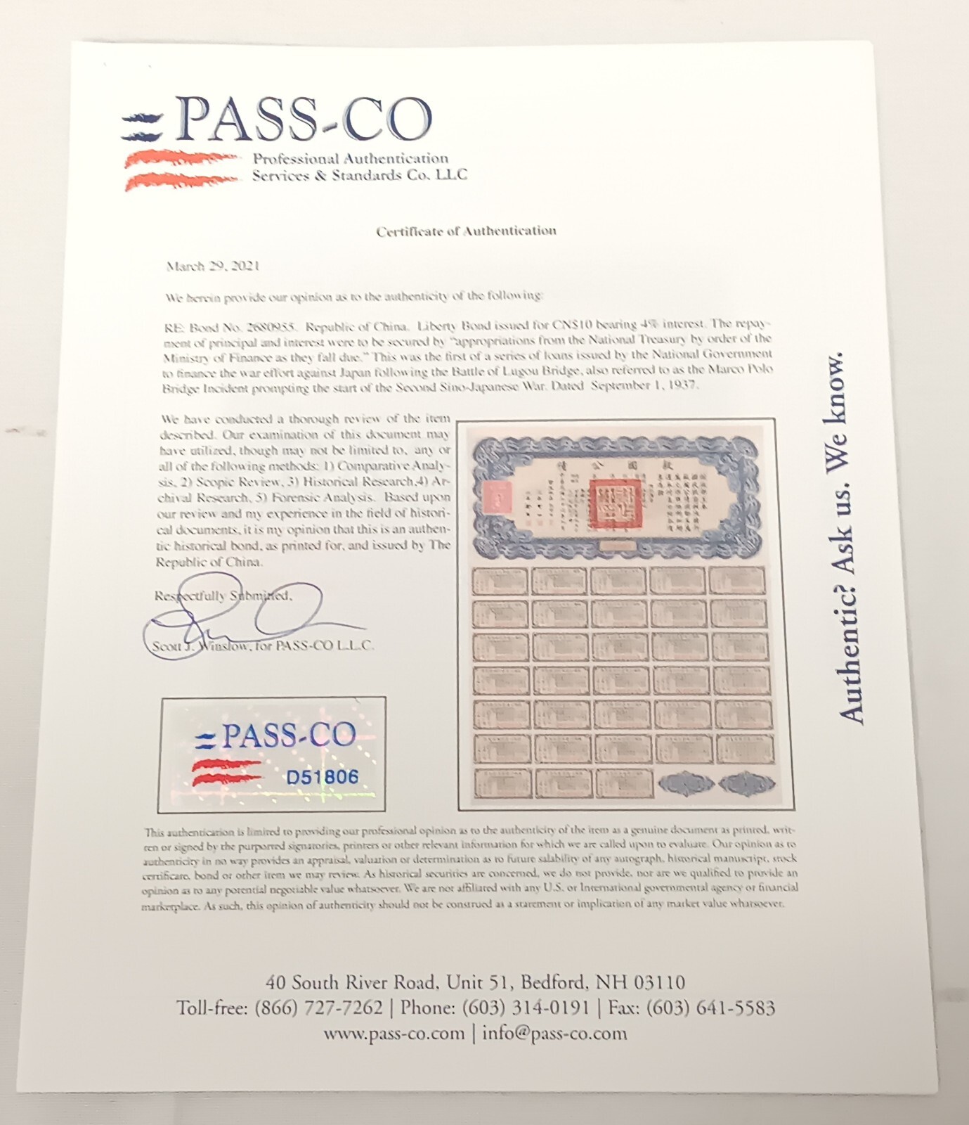 1937 Republic of China Liberty Bond CN$10 4% Interest w/ Pass-Co COA