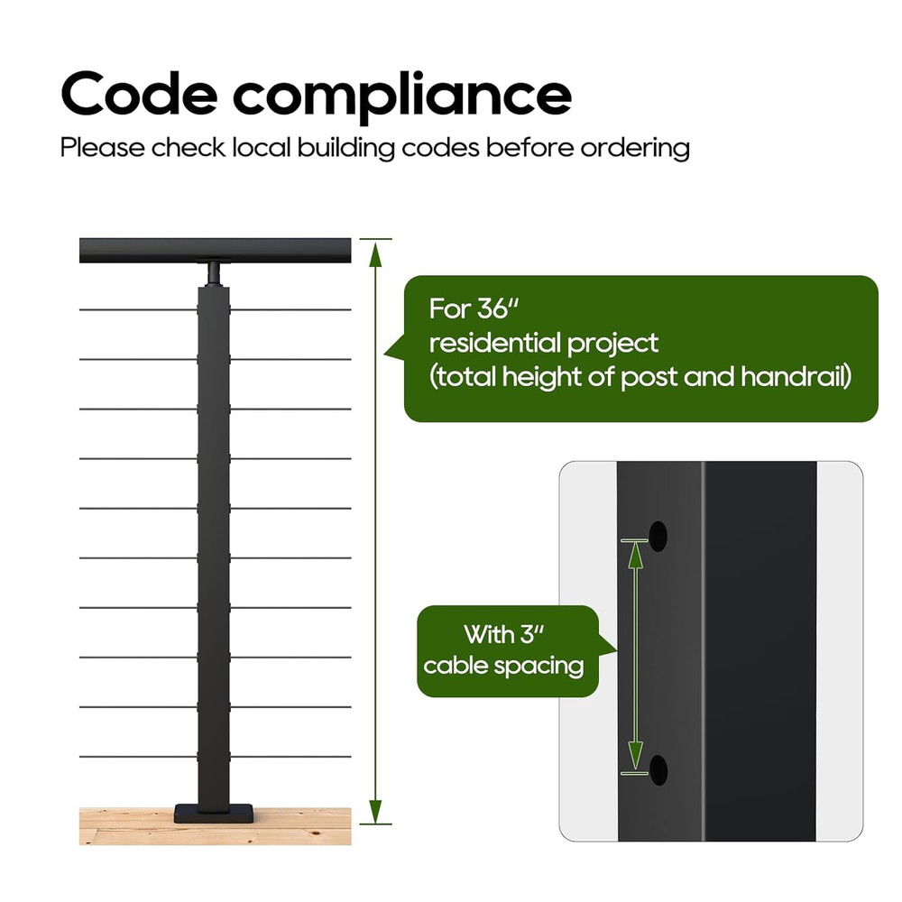 36" Stainless Steel Cable Railing Posts with Brackets - 4 Pack for Decks