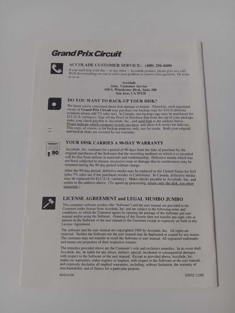 Commodore 64/128 Grand Prix Circuit Users Manual Only Accolade