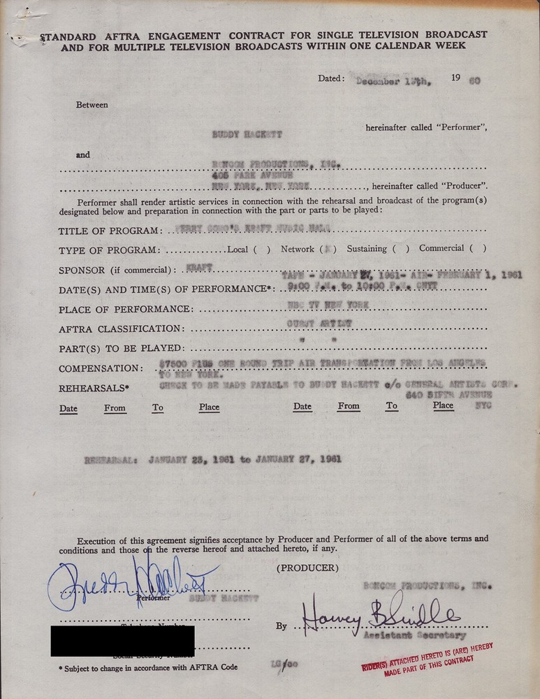 BUDDY HACKETT - CONTRACT DOUBLE SIGNED 12/13/1960