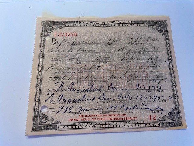 Early 1930's Prohibition Prescription for Medicinal Liquor - Quantity 1