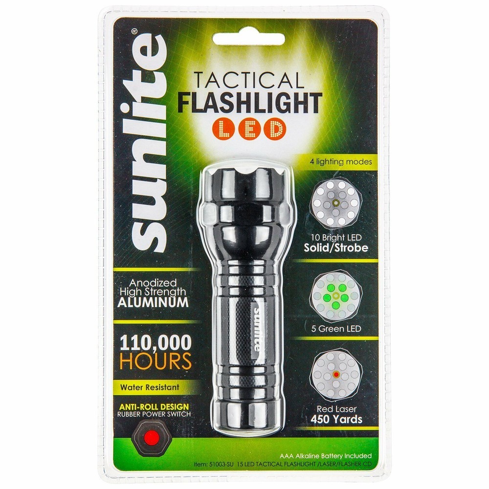 Tactical Flashlight, Red Laser, Strobe, Green LED Mode, Water Resistant