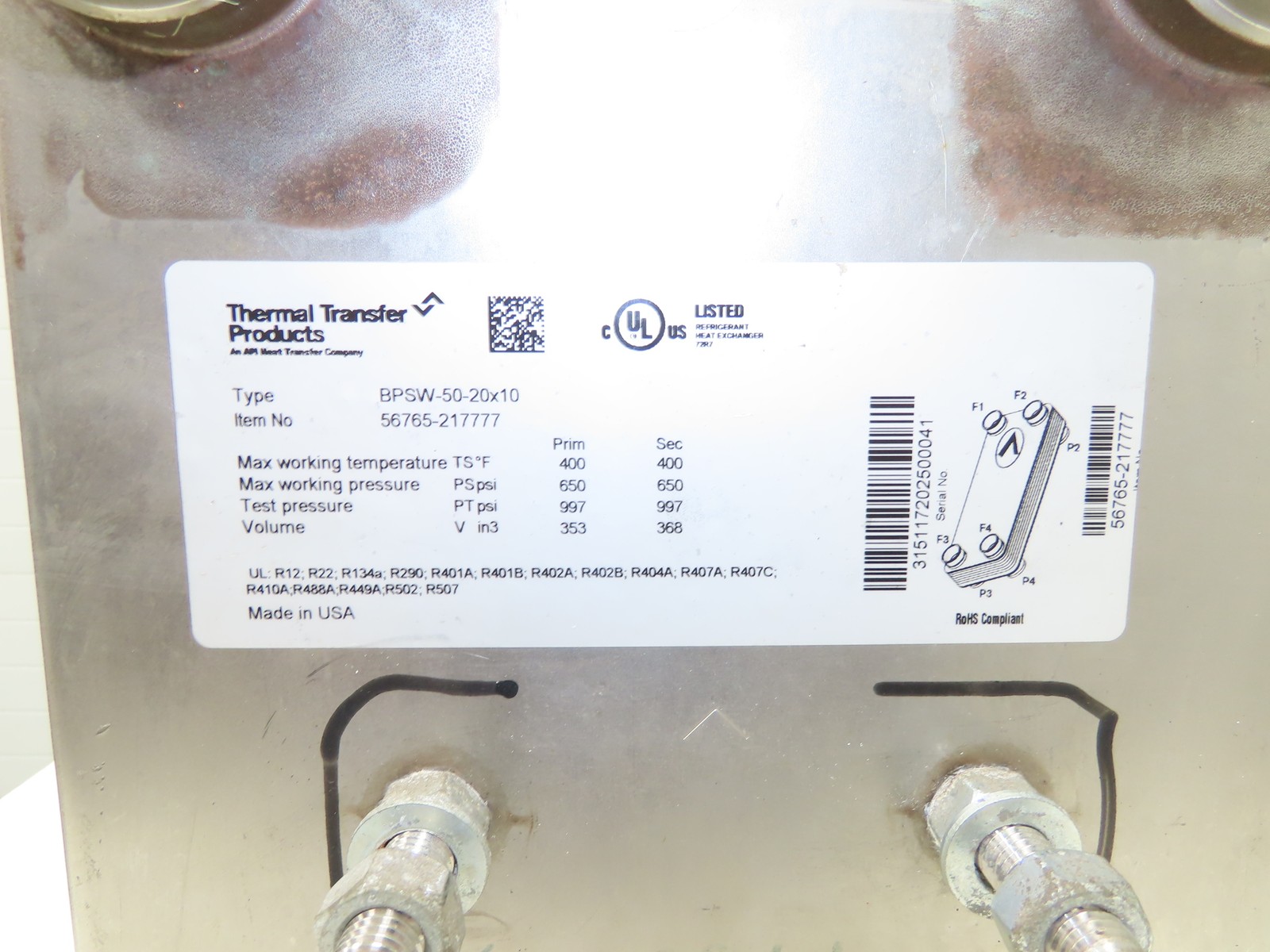 Thermal Transfer BPSW-50-20X10 50-Plate Brazed Heat Exchanger B120THx50/1P-SC-M