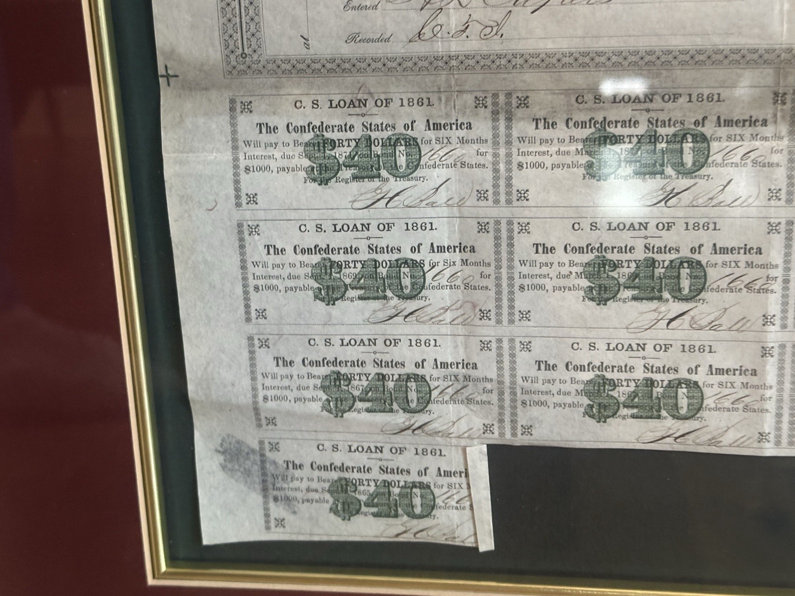Framed CSA Confederate States of America $1000 Civil War Loan Bonds, 1861