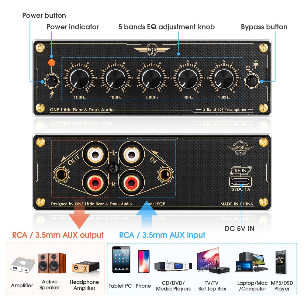 Compact 5-Band EQ Preamp Equalizer Stereo Audio Processor for Amplifier/Speaker