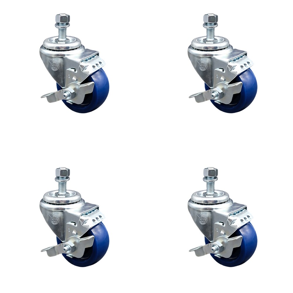 3 Inch SS Solid Polyurethane Swivel 3/8 Inch Threaded Stem Caster Set Brake SCC