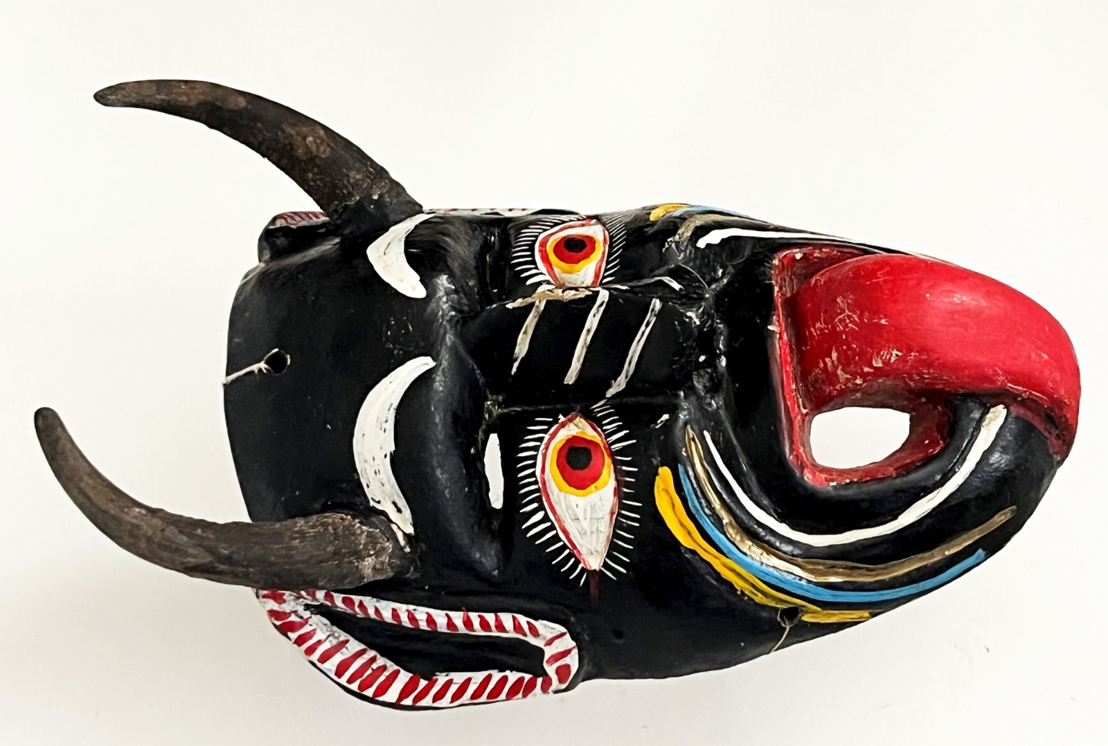 MEXICAN FOLK ART CARVED WOOD BLACK HORNED DIABLO DEVIL DEMON DANCE MASK 14 x 8"