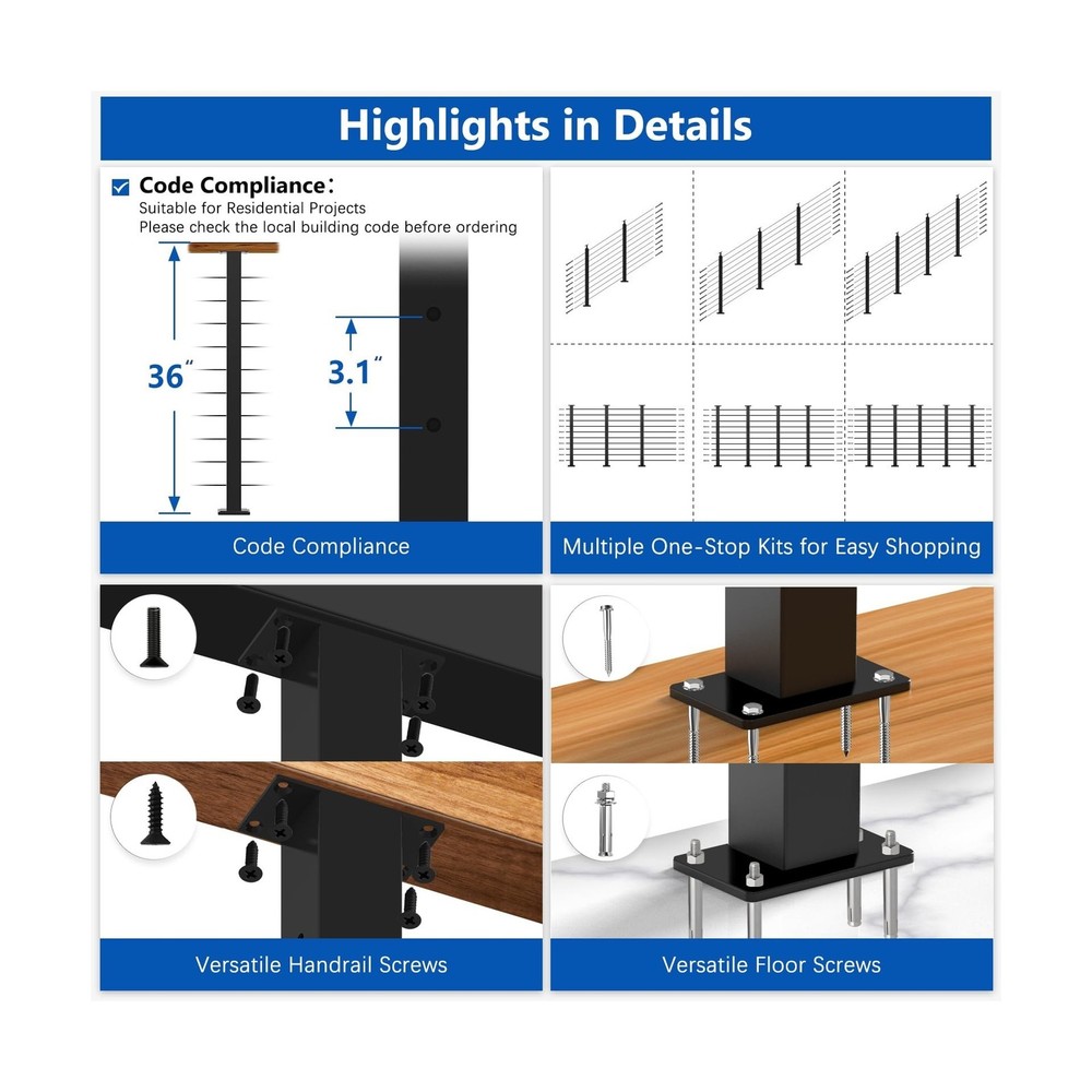 36" Expandable 16-20FT Black T304 Cable Railing Post Kit, Complete Cable Rail...