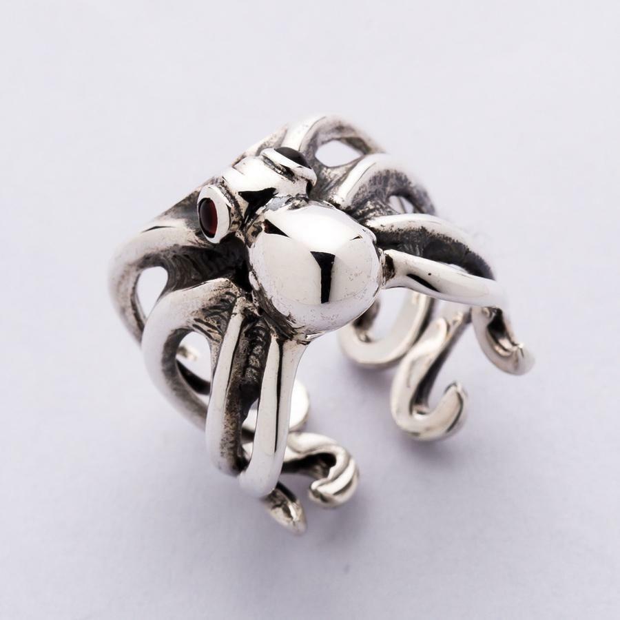 Red Eyes Sterling Silver Octopus Ring