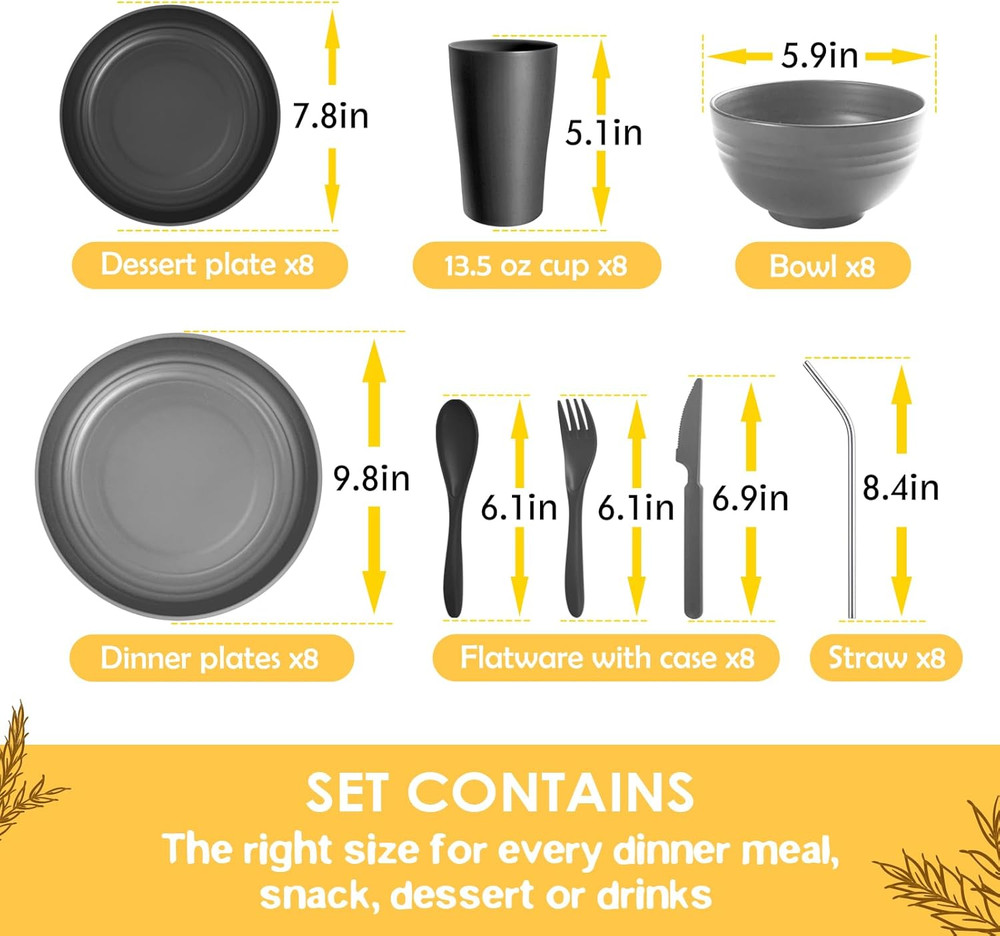 Teivio 32-Piece With Flatware Kitchen Plastic Wheat Straw Dinnerware Set, Servic