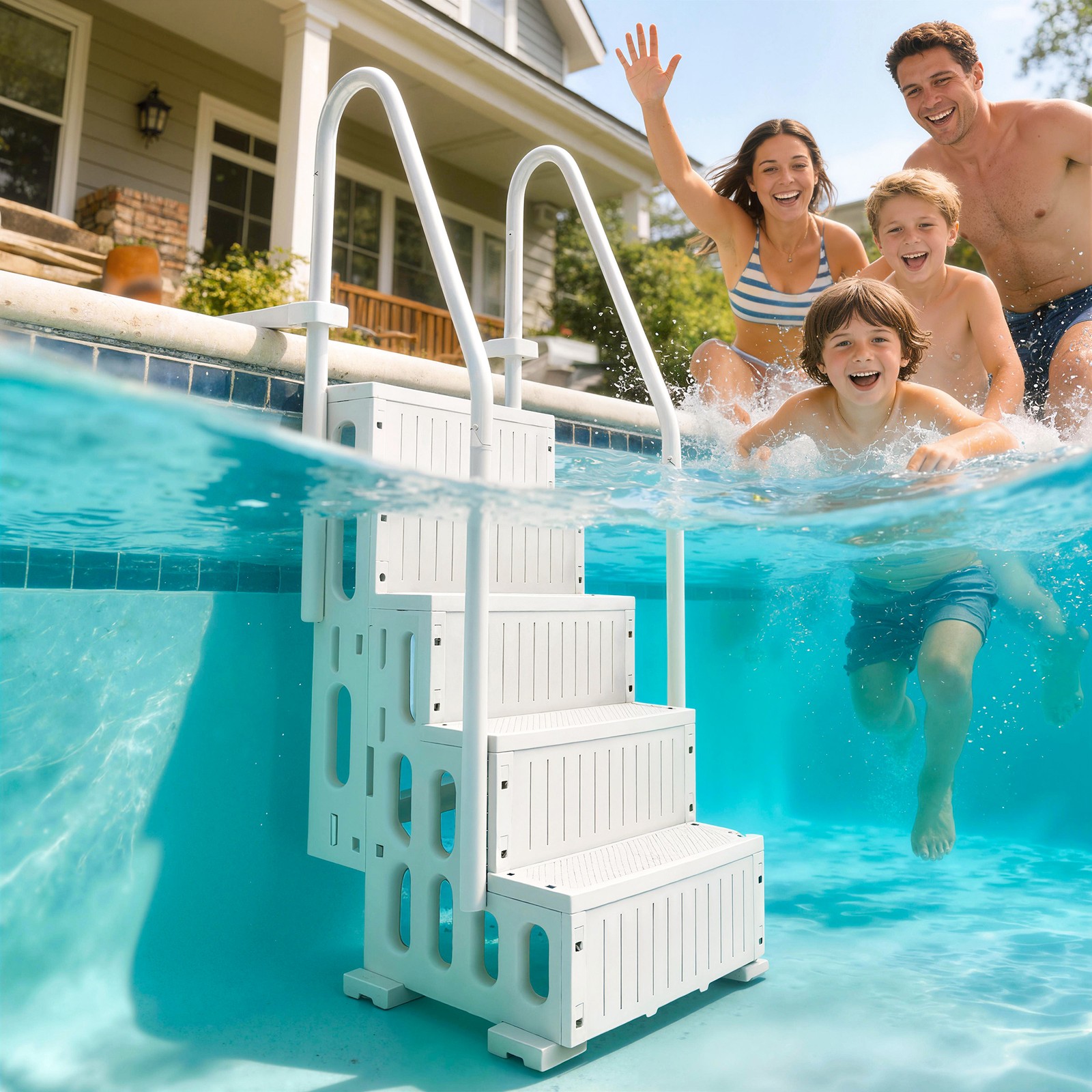 Outsunny Swimming Pool Ladder Adjustable 4-Step, Cream White, White