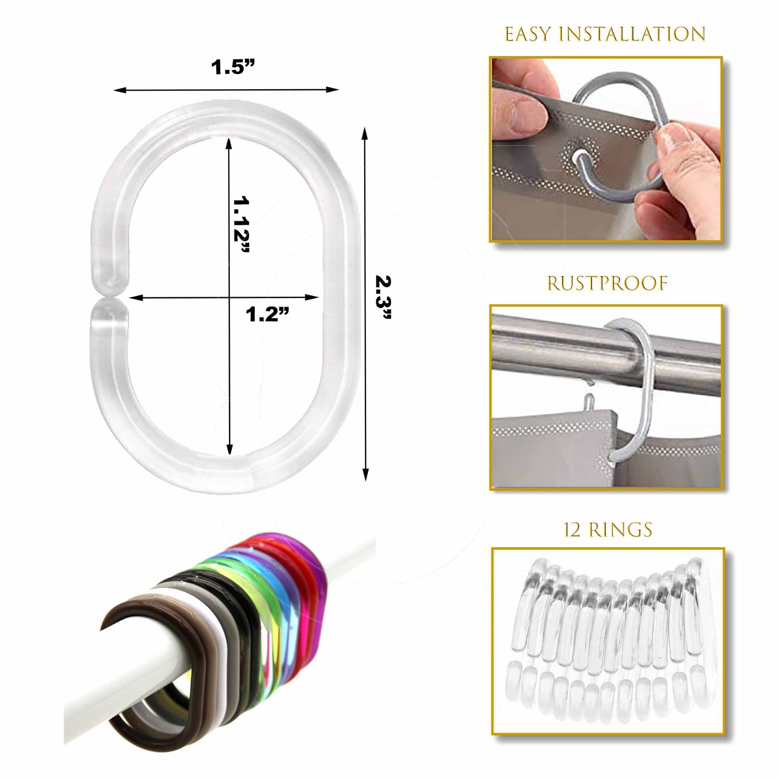 Shower Curtain Rings Plastic Hooks Solid And Clear Color Set of 12