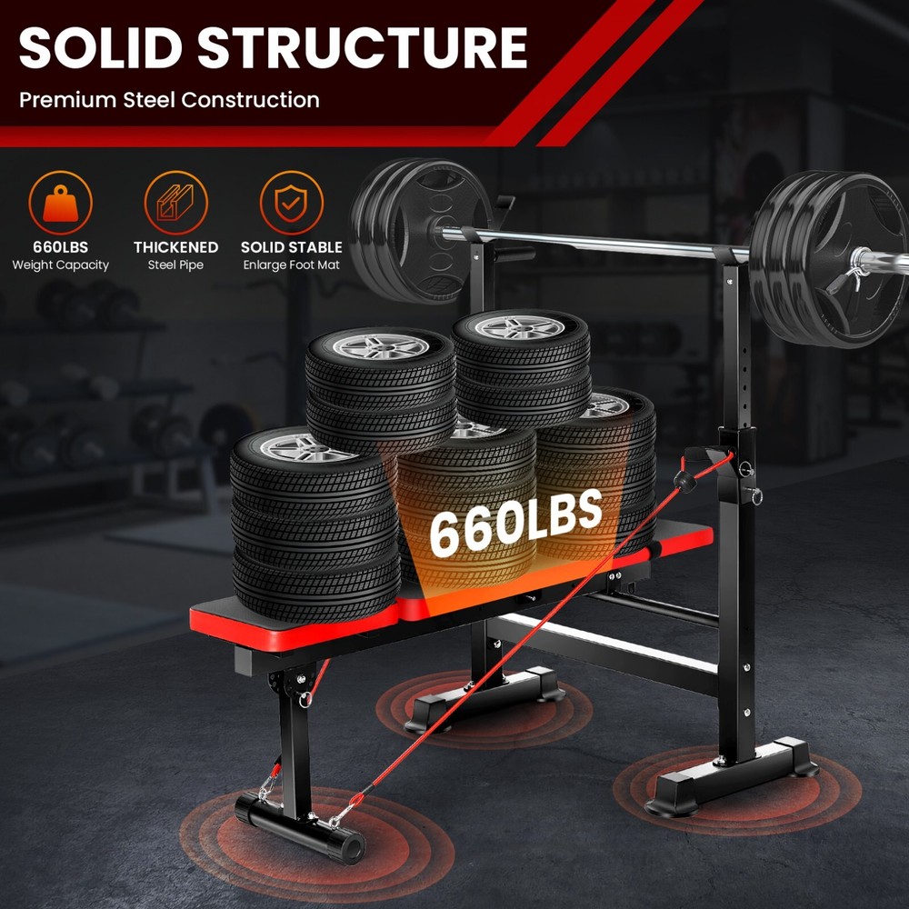 Adjustable Weight Bench 600lbs Foldable Workout Bench Strength with Barbell Rack