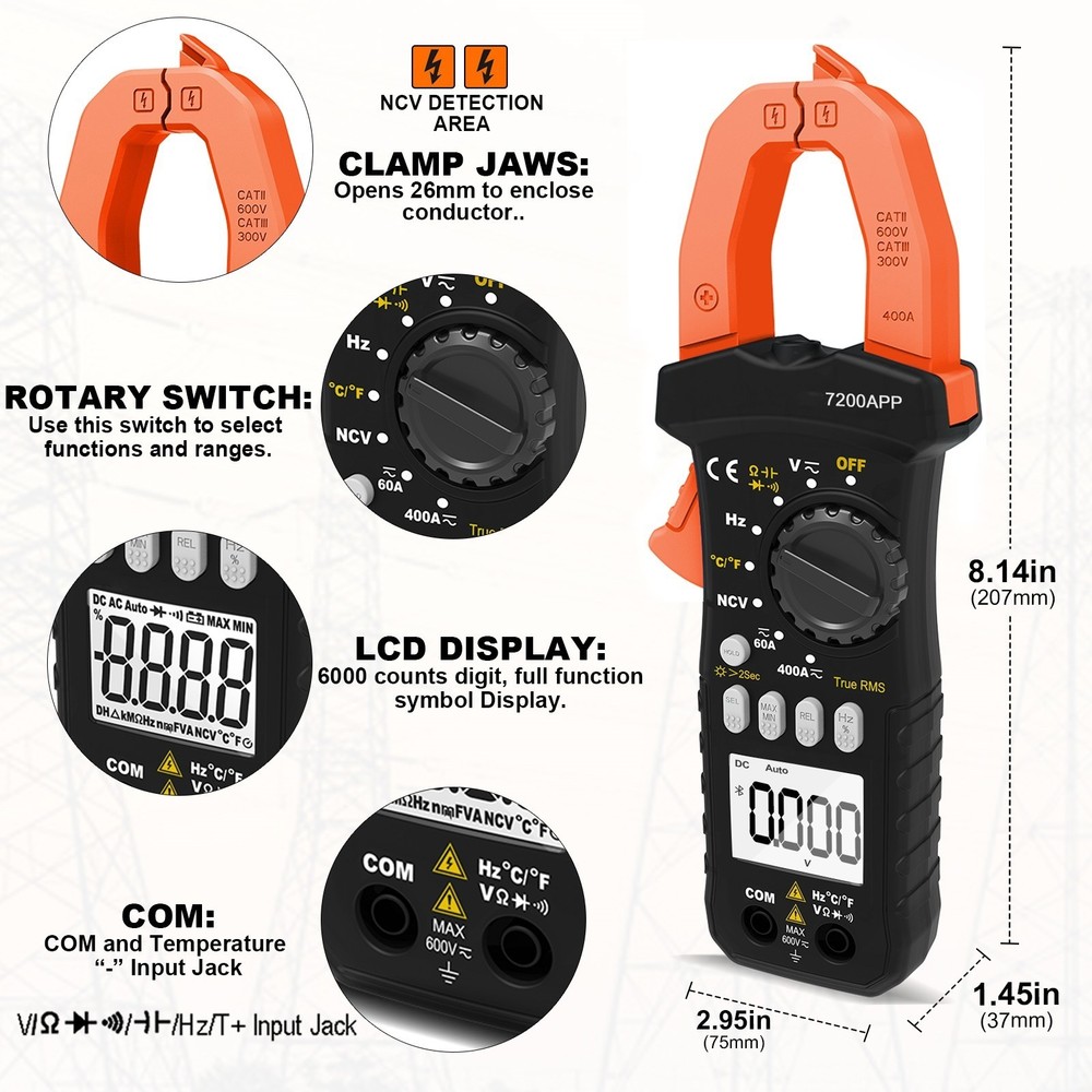 BTMETER Digital Clamp Meter TRMS Multimeter AC DC Volt Amp Ohm NCV Data Logging