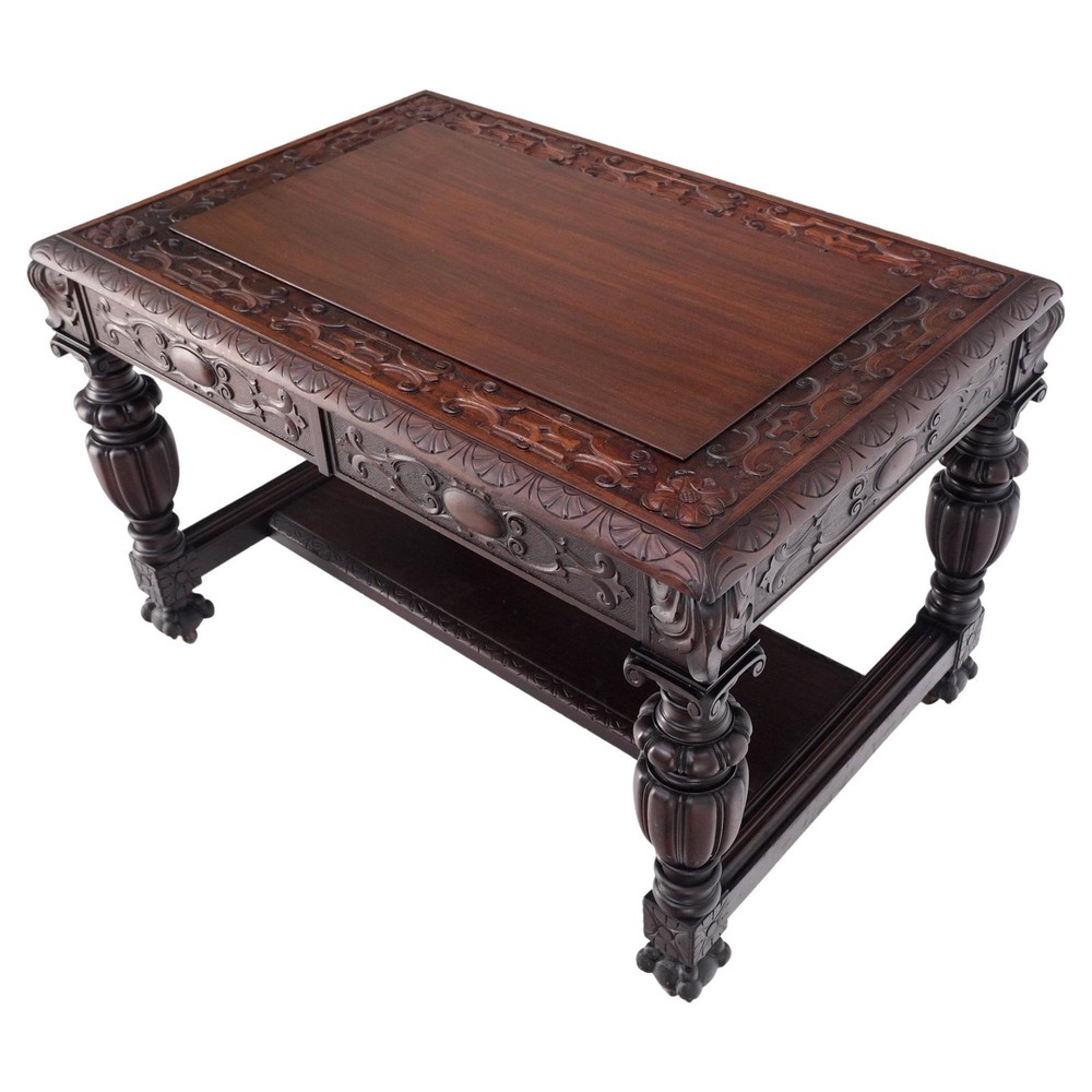 Jacobean Finely Carved Massive Solid Mahogany Partners Desk