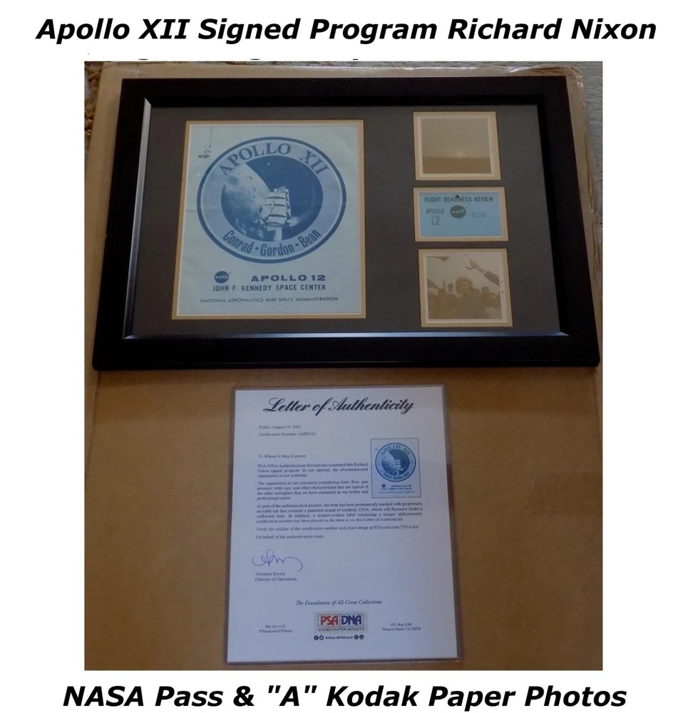 Apollo 12 Richard Nixon Signed Program A Kodak Paper Photo Press Pass PSA LOA