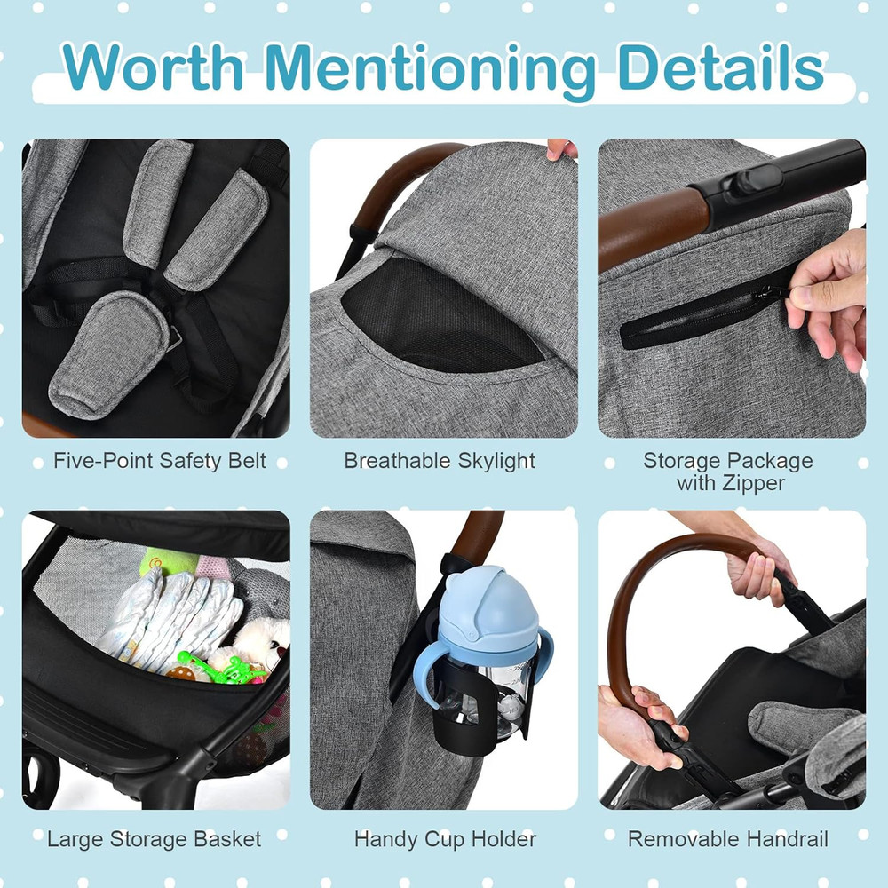 Foldable Baby Stroller with Adjustable Canopy & Storage Basket - Gray