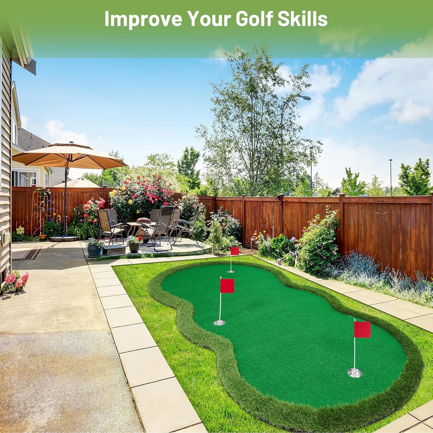 5x10 FT Golf Putting Green Indoor Outdoor, Dual-Turf Mat with 3 Holes & Flags
