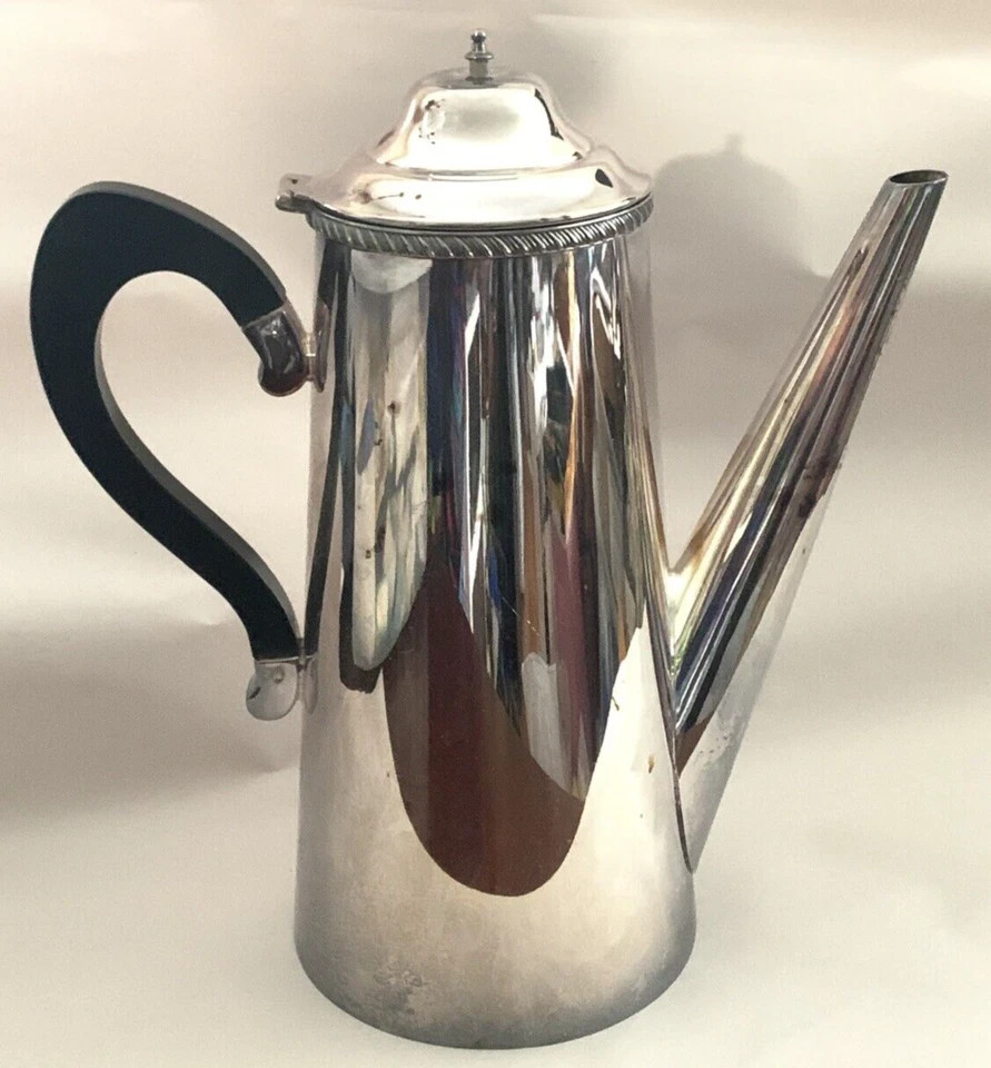 Mid Century Modern Sheffield Silverplate Coffee Pot Sculptural Black Handle MCM
