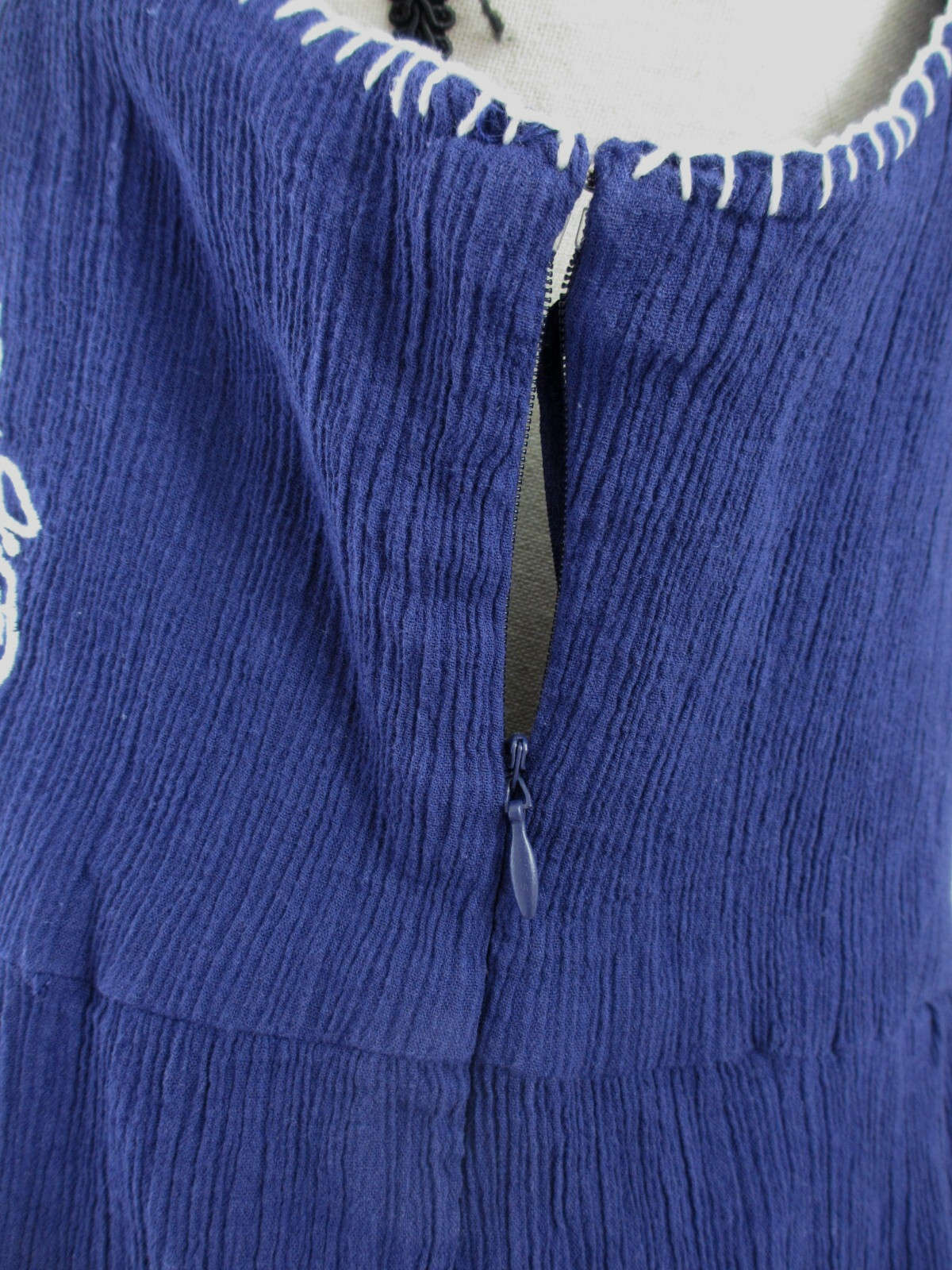 Navy Blue Applique Embroidered Sun Dress Women's 14 Sleeveless Gauze Cotton Boho