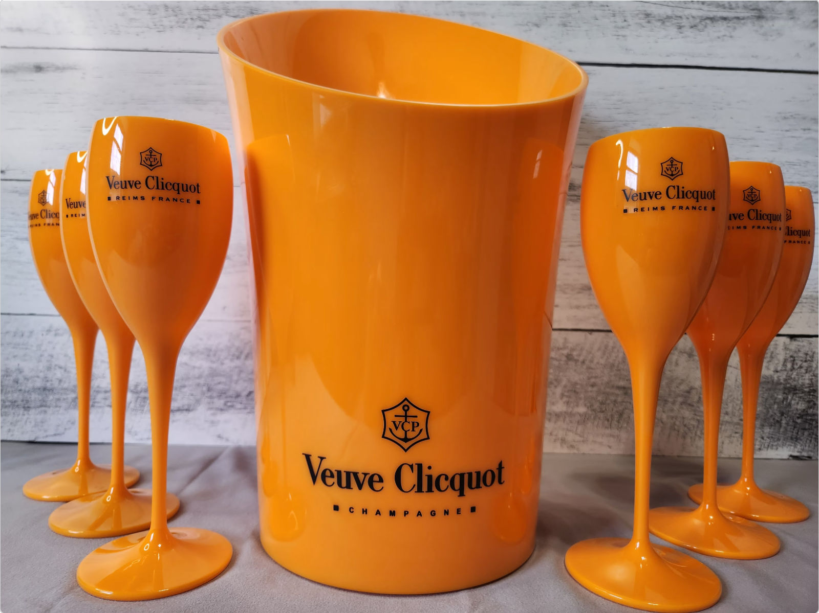 Veuve Orange Plastic Champagne Flute Glass | Matching Ice Bucket Set Options
