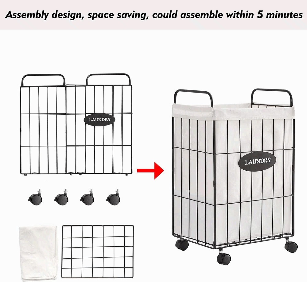 Iron Wire Laundry Hamper With Rolling Lockable Wheels, Folding Laundry Storage