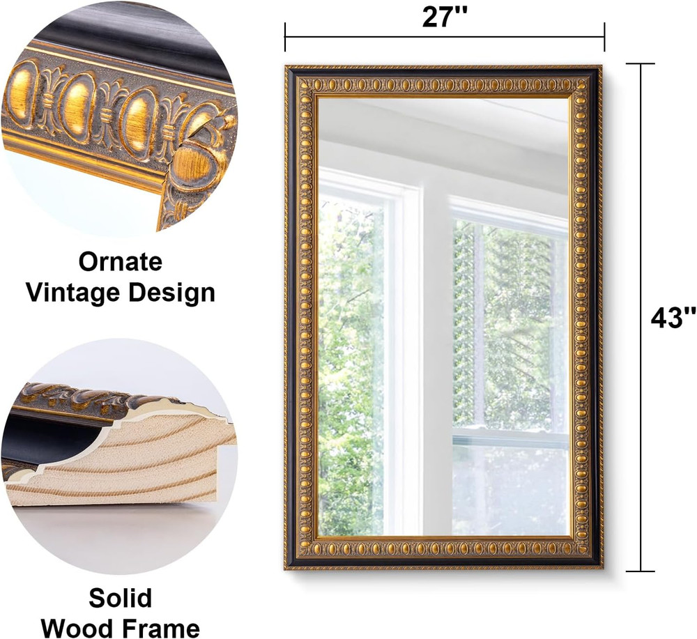 Baroque Vintage Gold Wall Mirror, 43" x 27" Decorative Rectangular Frame