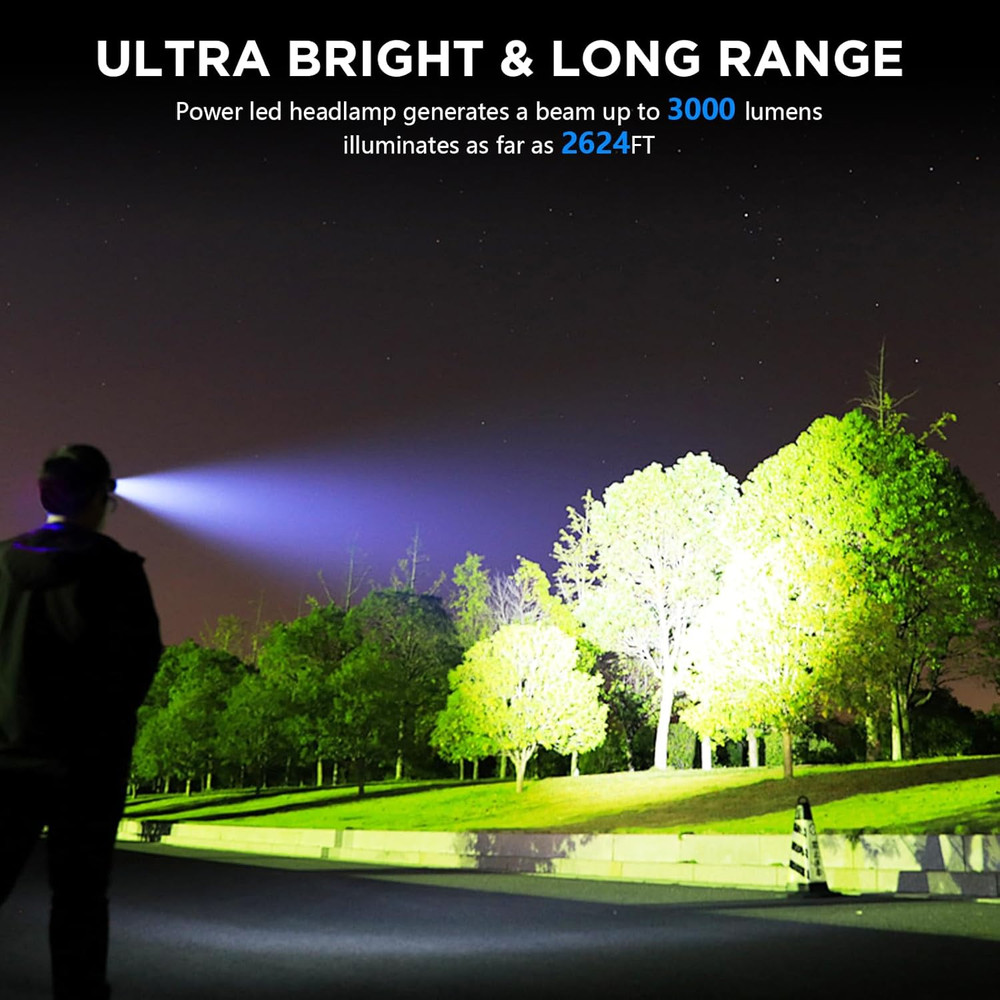 Linterna Frontal Recargable 3000 Lumenes LED 5 Modos Impermeable Ajustable