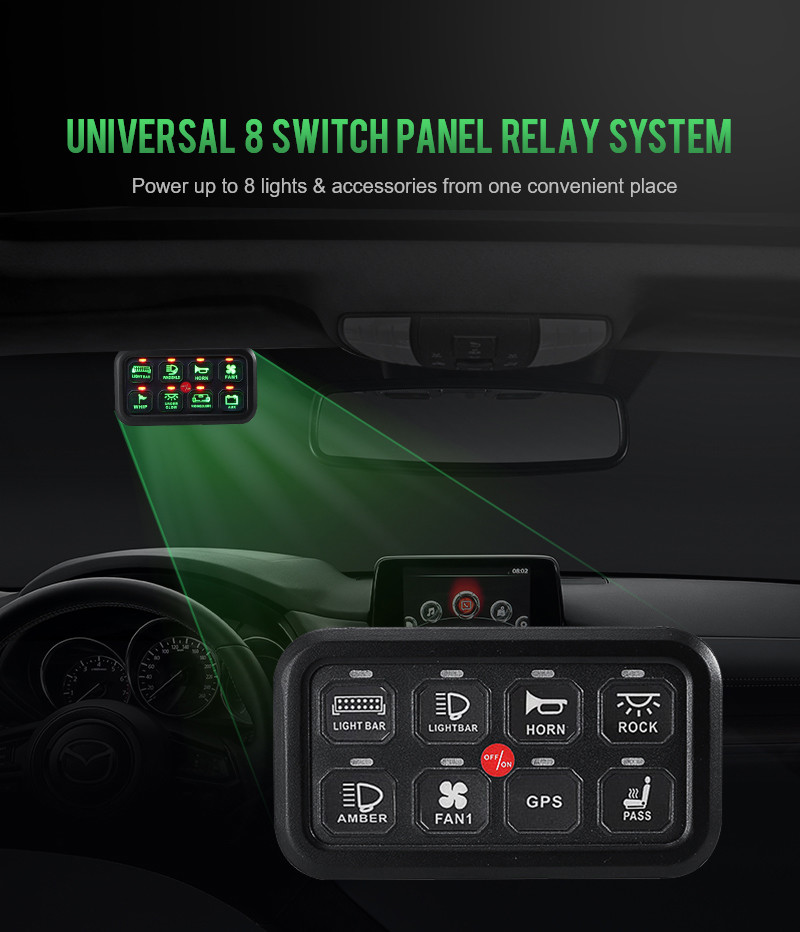 Auxbeam 8 Gang Switch Panel Automatic Dimmable Green LED On-Off Car Truck ATV