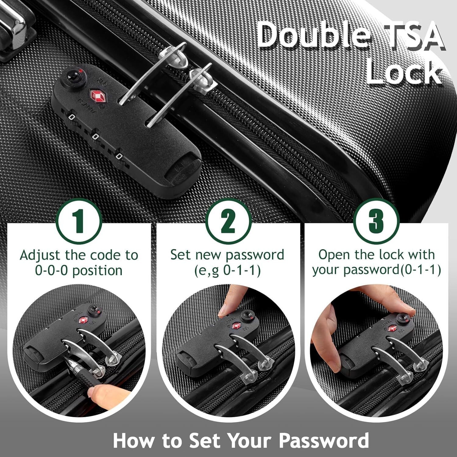 3-Piece Hardshell Luggage Sets with Spinner Wheels TSA Lock Black (20"/24"/28")