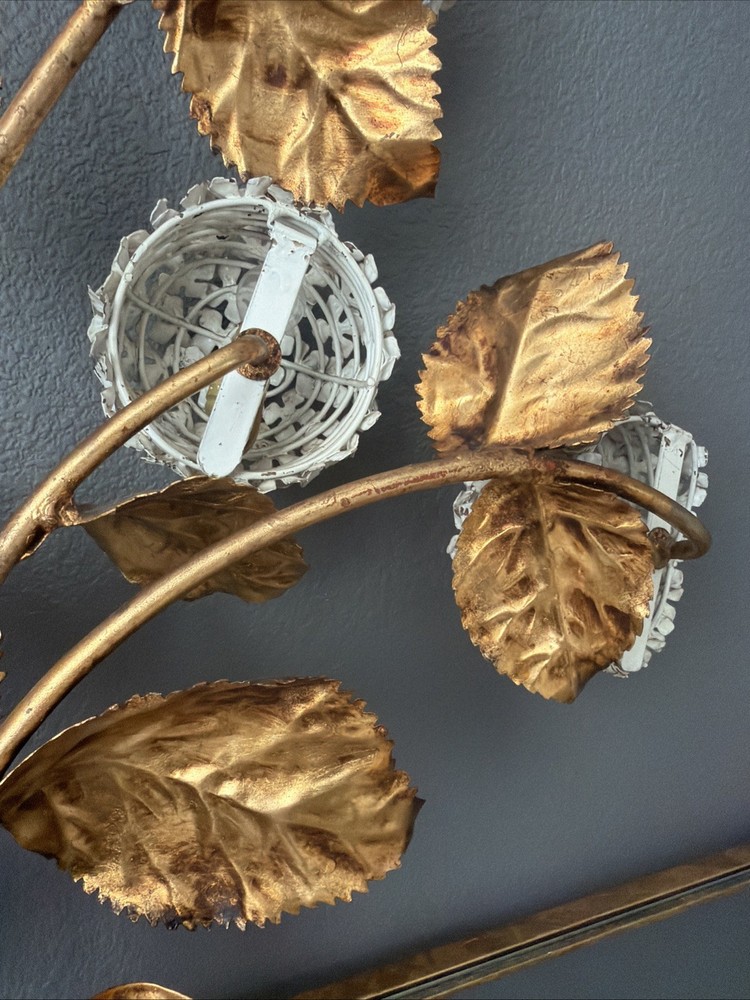 1950s Hydrangea Wall Light gilded brass with white enamel hydrangeas